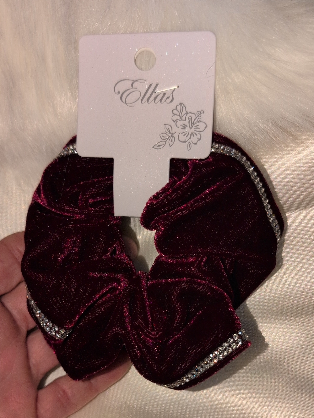 Ella Burgundy Velvet Scrunchie with Rhinestone Edge